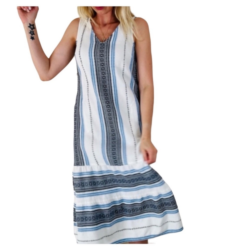 J Jill Blue White Cotton Embroidered Tiered Midi Summer Dress